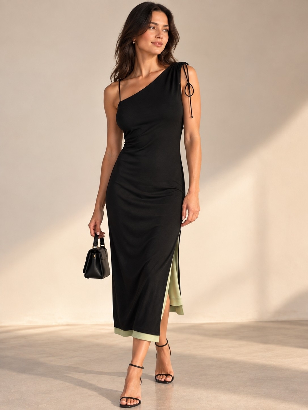 Express Women's Black One Shoulder Bodycon Midi Dress Green Trim Size 7/8